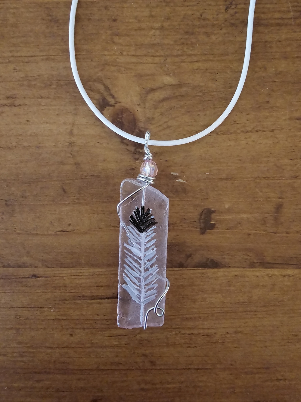 Pink Hand-Painted Eagle Feather Beach Glass White Cord Pendant Necklace